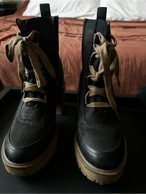 Black Combat Lace-Up Platform Boots with Tan Laces